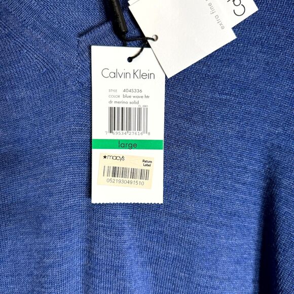 Calvin Klein Men's Blue Wave Extra Fine Merino Wool V Neck Sweater Size Large - Picture 2 of 10